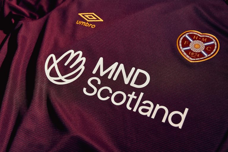 MND Scotland's new logo on Hearts home jersey